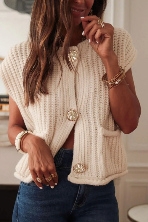 Cream knit button-front sweater vest with pockets, sleeveless, V-neck
