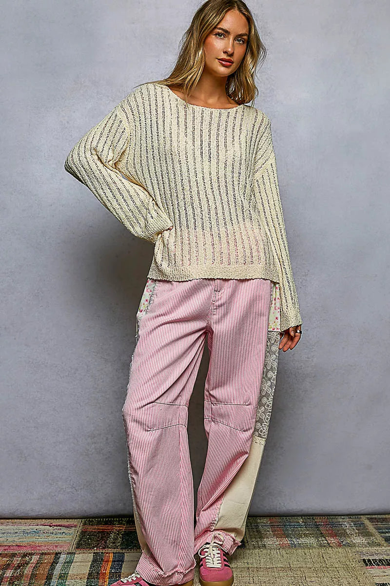 Cedar & Moore Trendsi POL Round Neck Long Sleeve Open Weave Sweater in cream worn by model