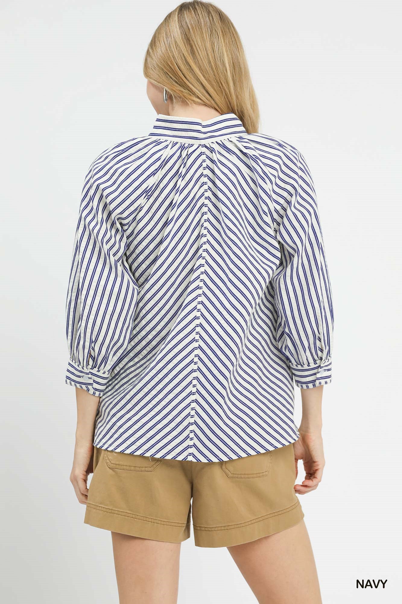 Cedar & Moore Umgee striped V-neck button-down top, navy on white, back view with cuffed sleeves.