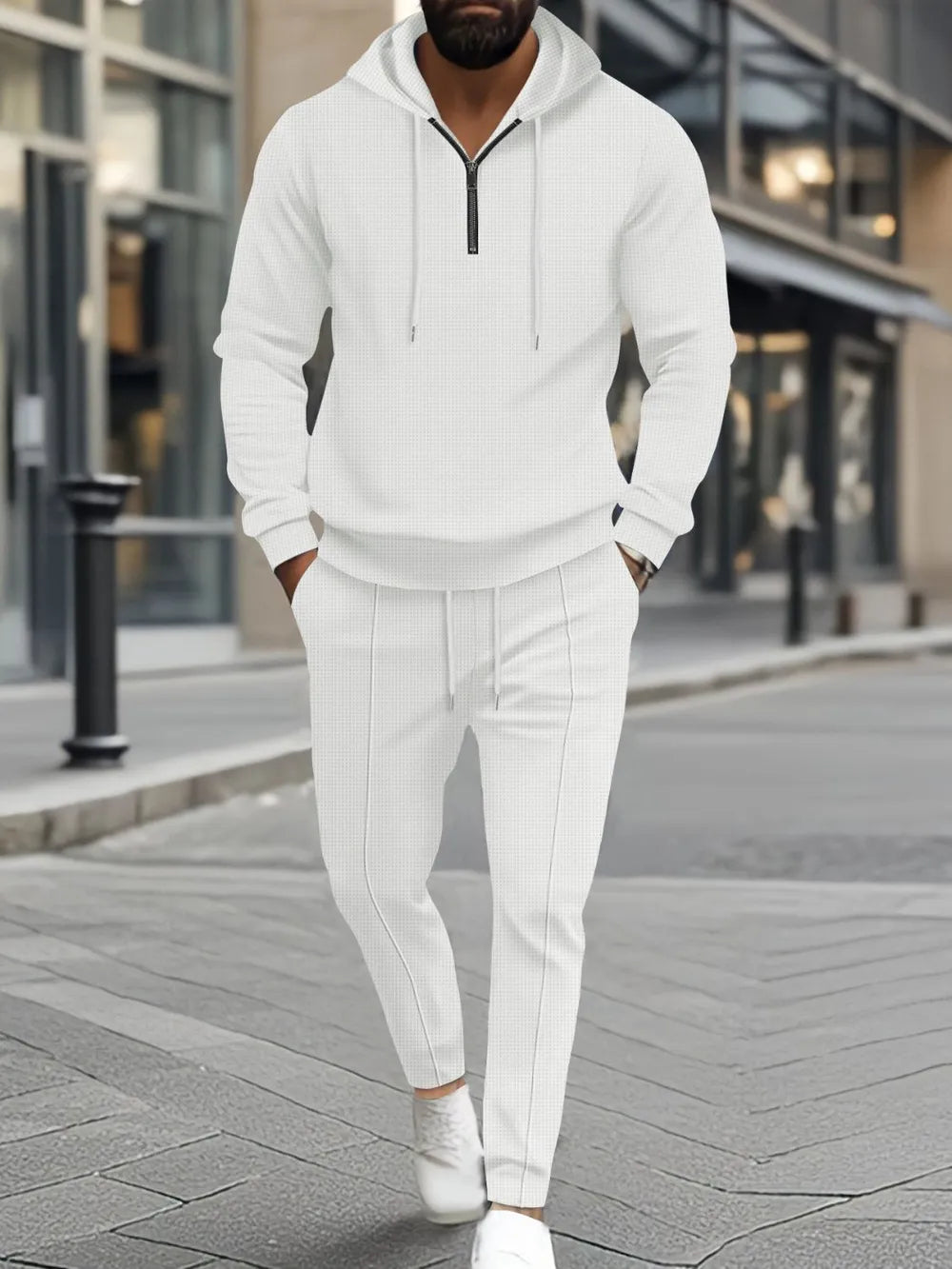 Men's waffle-knit half-zip hoodie and pants set, white