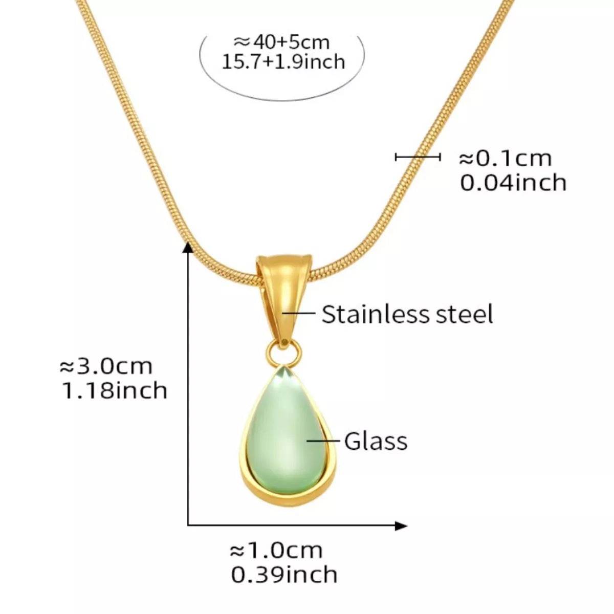 Gold-tone stainless steel teardrop necklace with green glass pendant