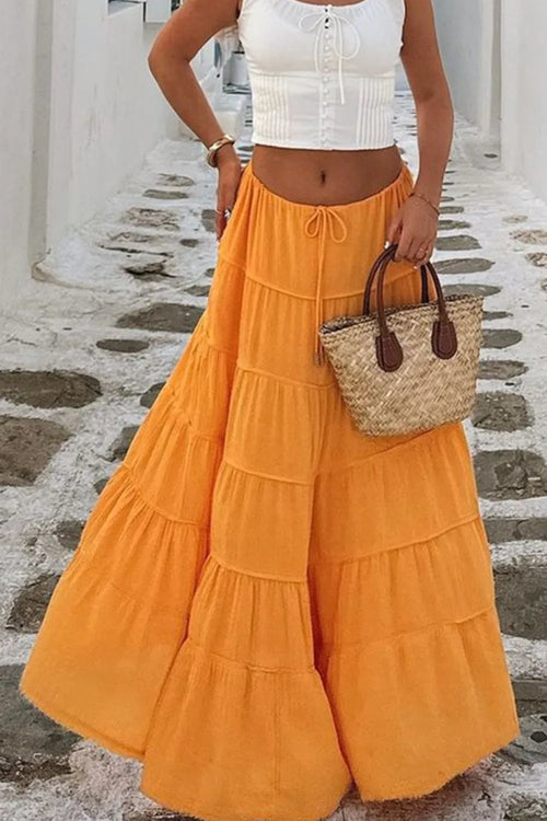 Tangerine tiered maxi skirt with drawstring waist and layered ruffle tiers