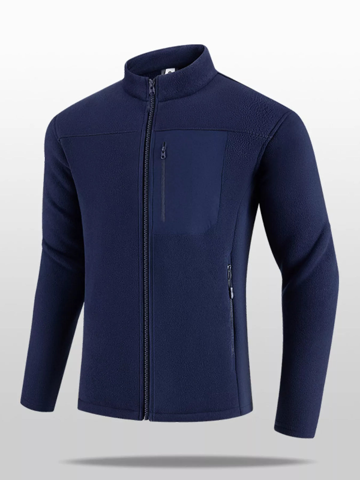 Men's navy zip-up long sleeve jacket with stand collar, front zipper, and chest pocket