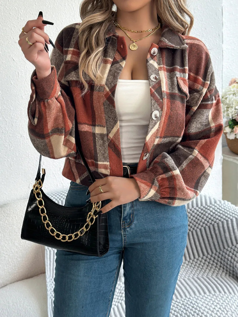 Plaid button-up long-sleeve jacket with flap pockets and partial open front