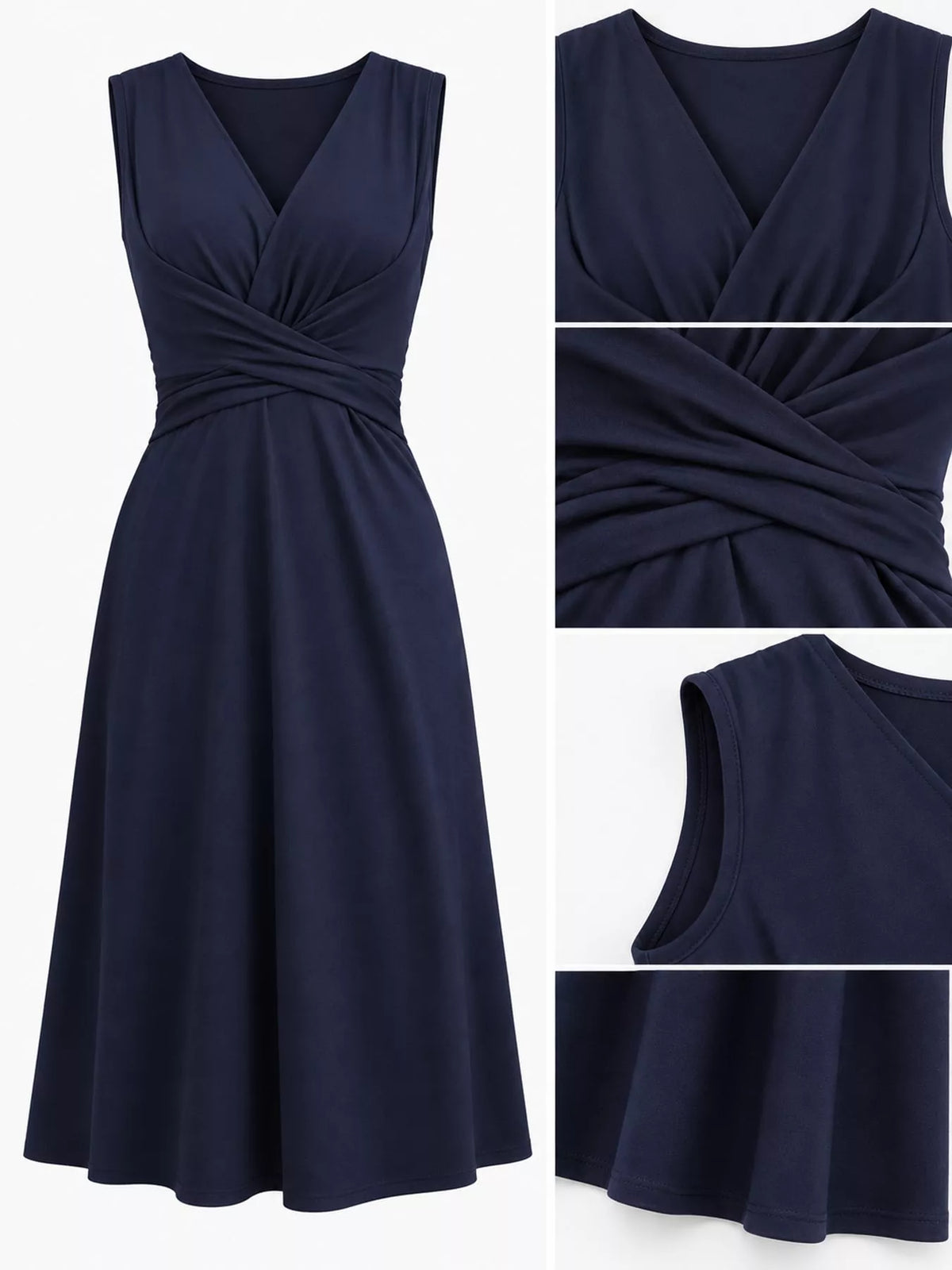 Navy sleeveless midi dress, ruched V-neck and crisscross elastic waist detail