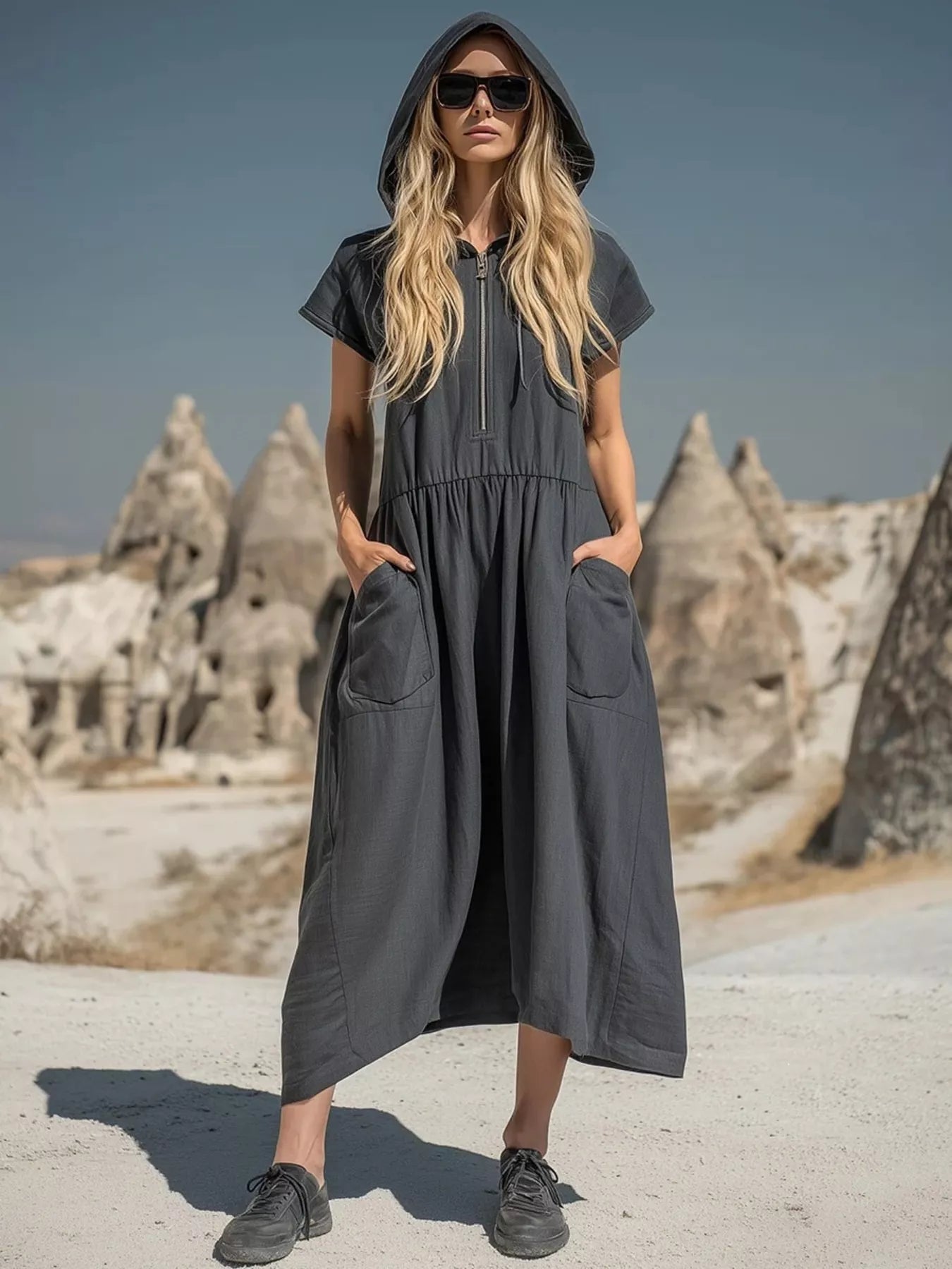 Dark grey hooded midi dress with front zipper, gathered waist, and side pockets