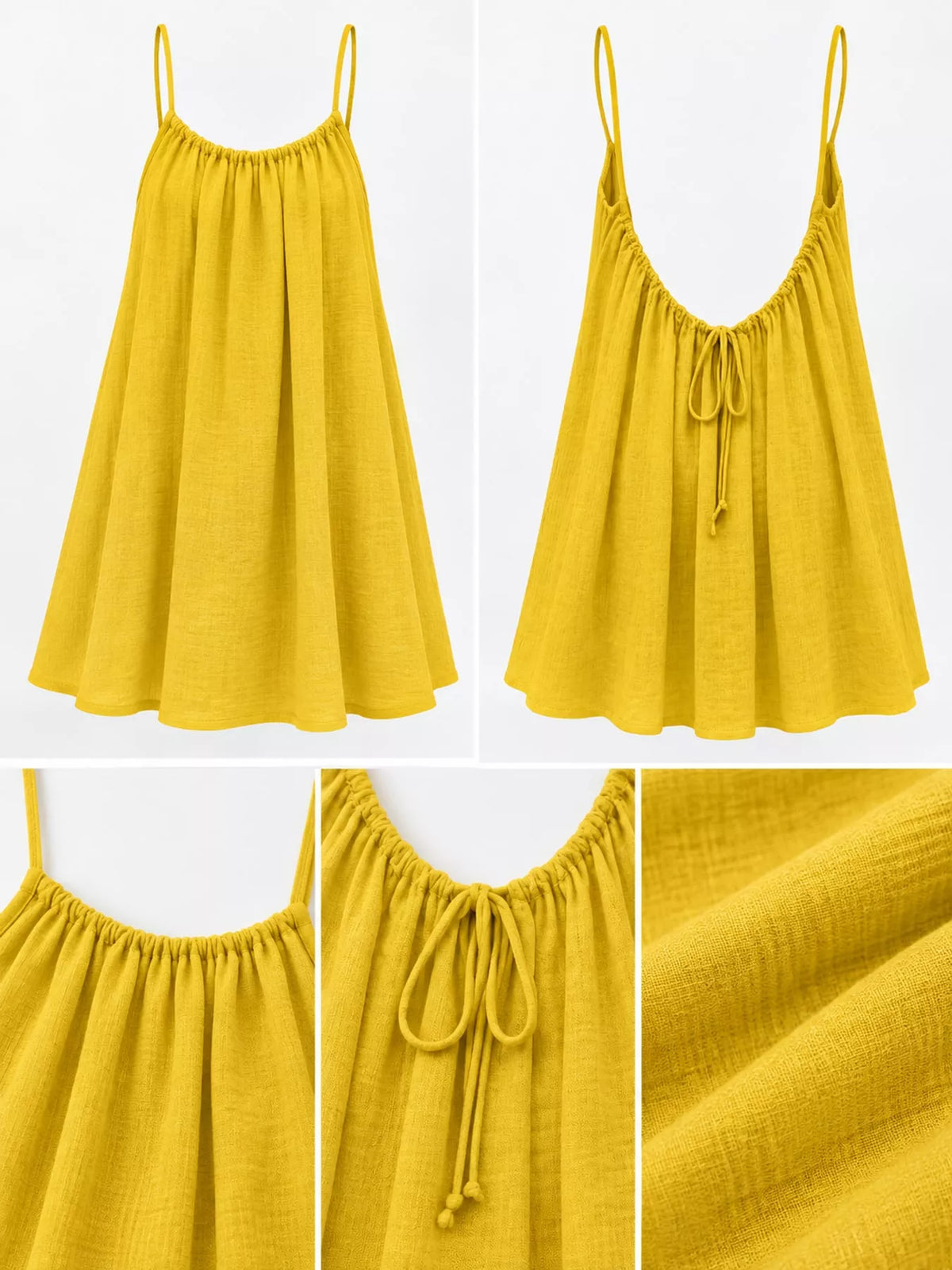 Yellow backless mini dress with spaghetti straps, ruched waist and bow tie open back