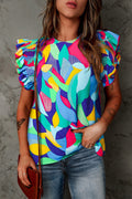 Printed round-neck butterfly-sleeve top with colorful abstract leaf pattern