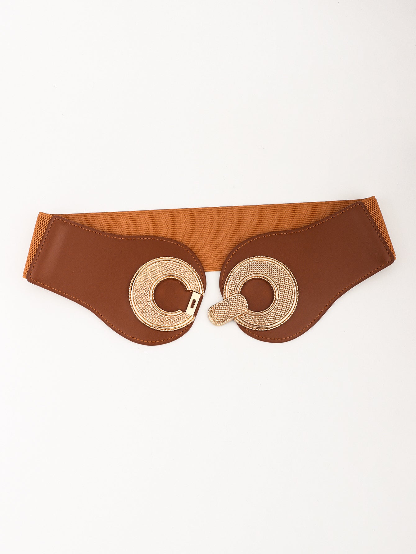 Caramel vegan belt with elastic band and round alloy buckle, gold-toned accents