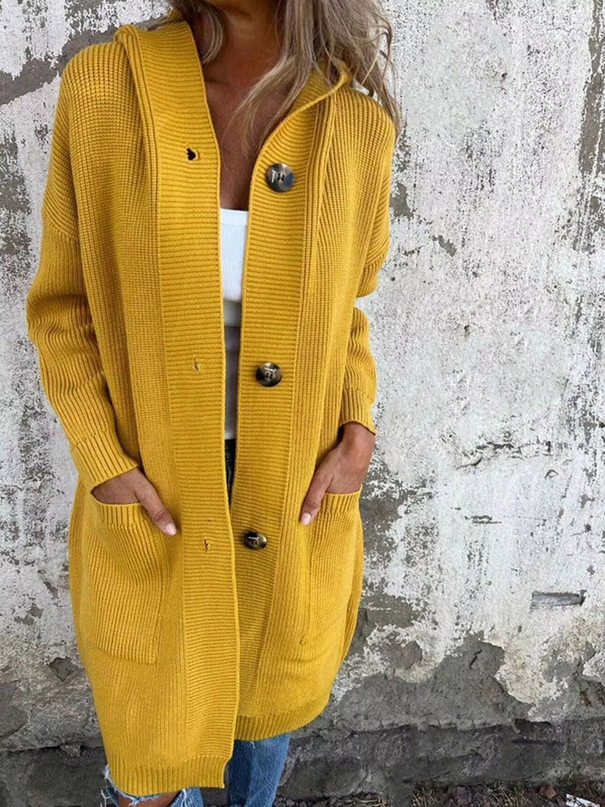 Mustard yellow hooded ribbed cardigan sweater with button front and patch pockets