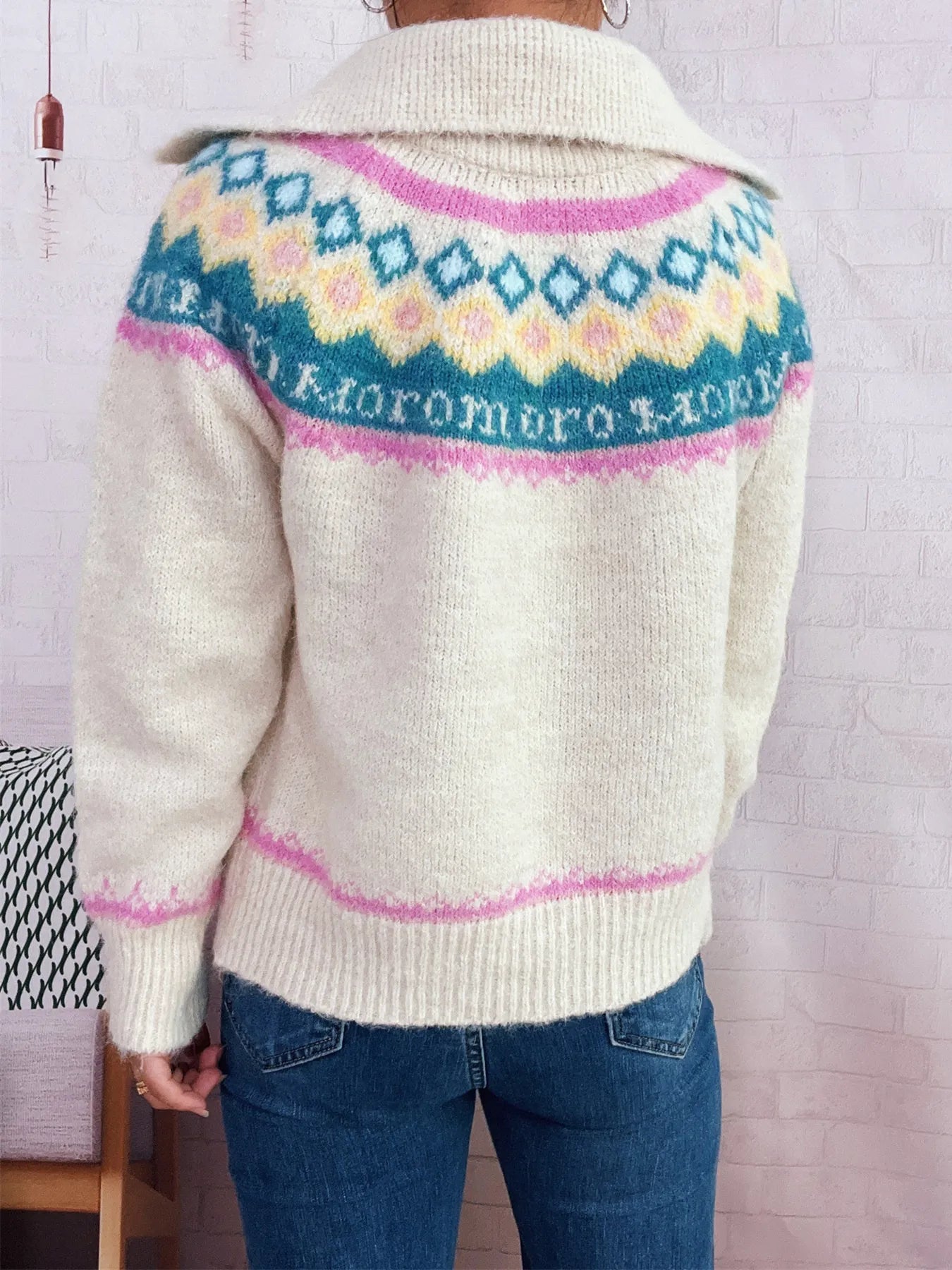 Cream zip-up cardigan shown from back with multicolor Fair Isle yoke stripe