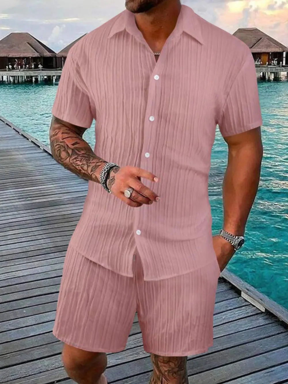 Men's short sleeve button-down shirt and shorts set, dusty pink striped texture