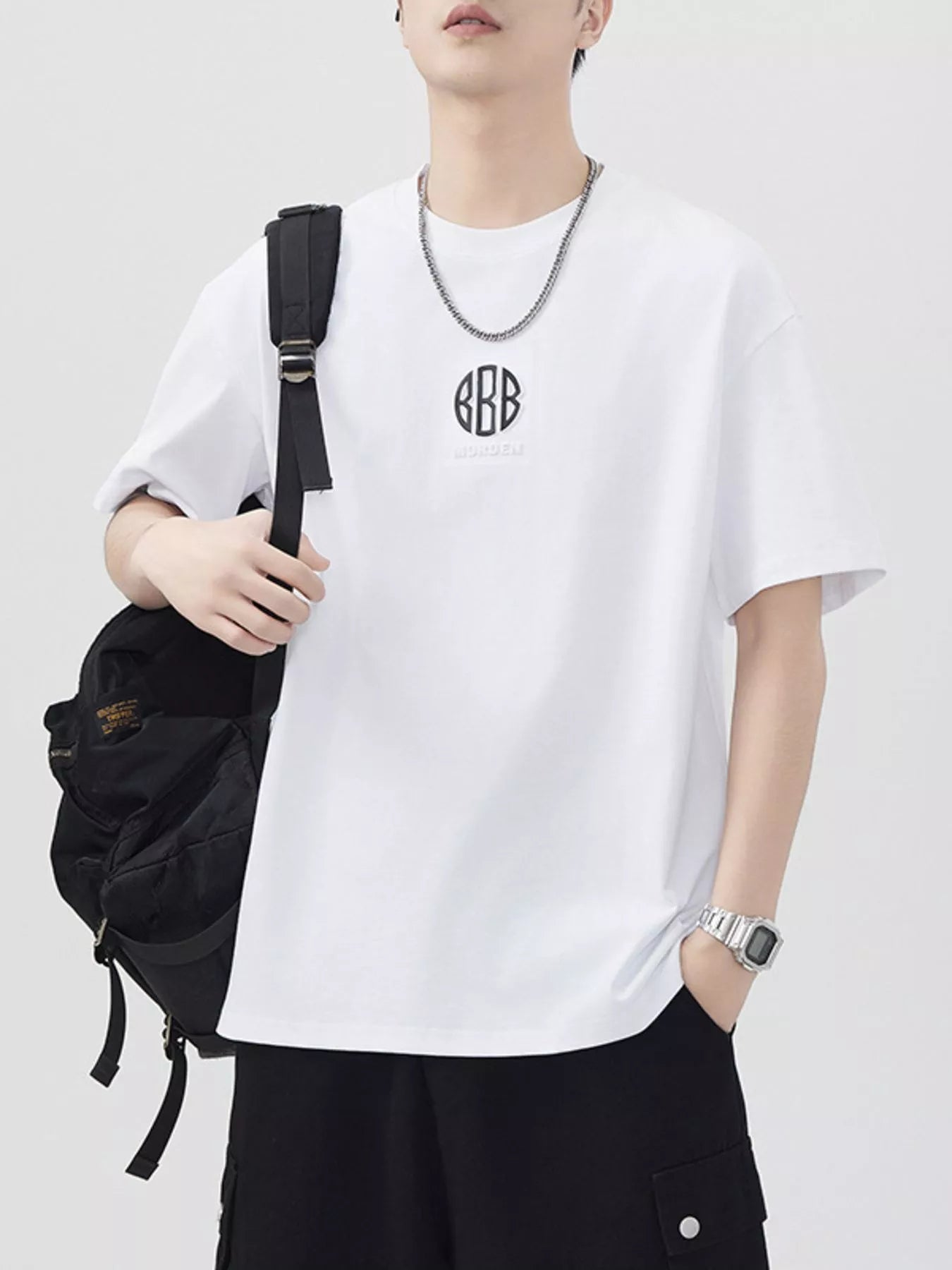 White front-view round-neck short-sleeve T-shirt with chest logo