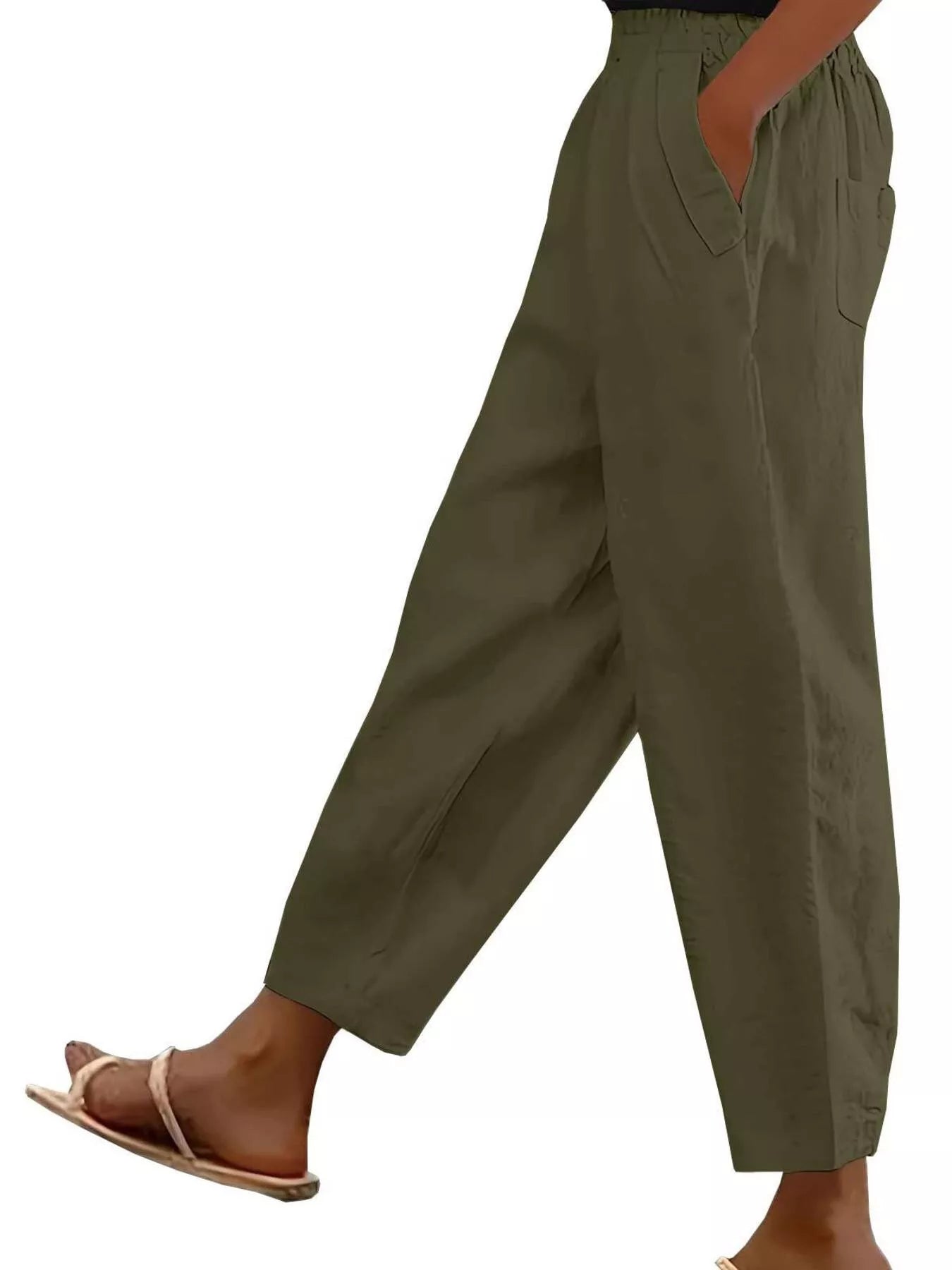 Army green loose-fit polyester pants with front pockets and tapered cuffs