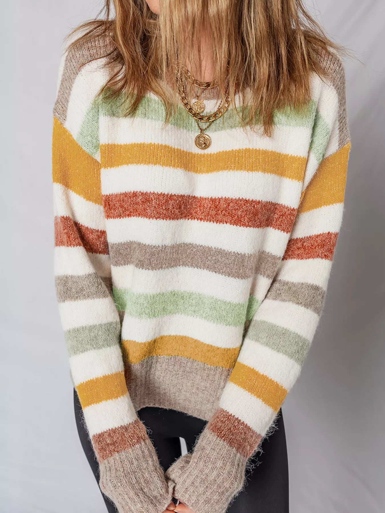 Multicolour striped crew neck drop-shoulder sweater with long sleeves and ribbed hem