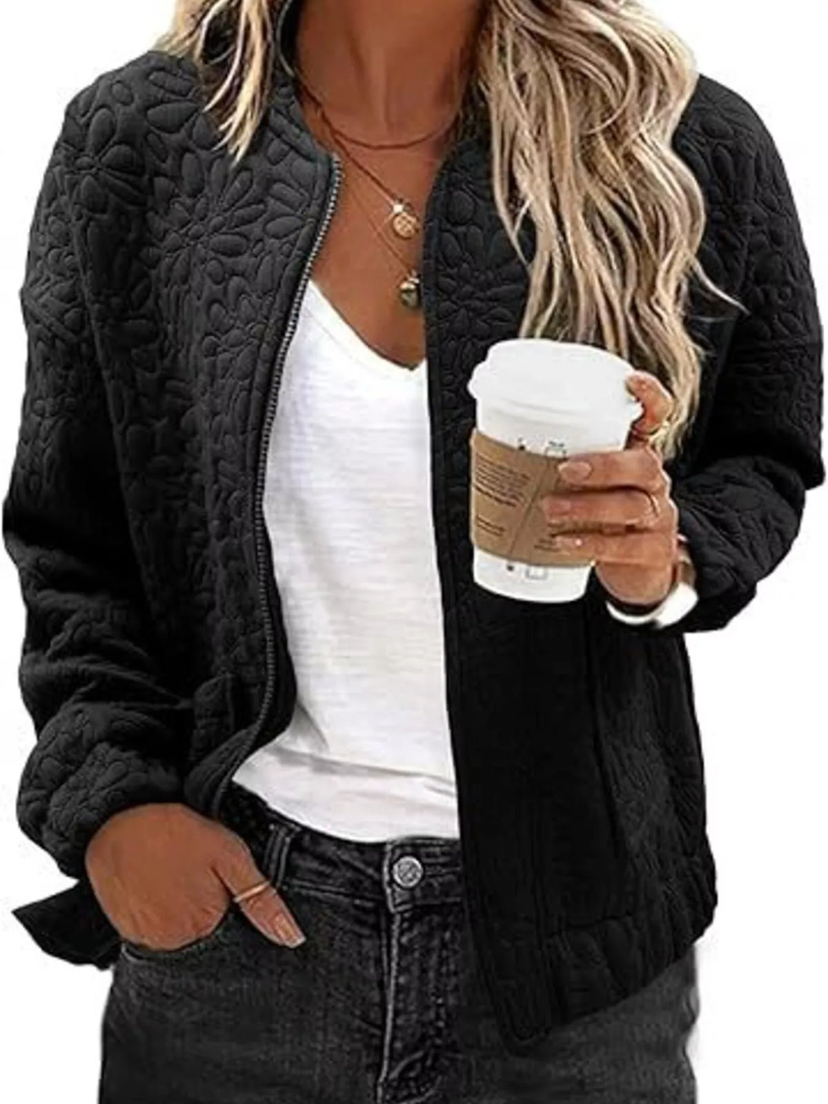 Quilted zip-front jacket in black with embossed floral texture