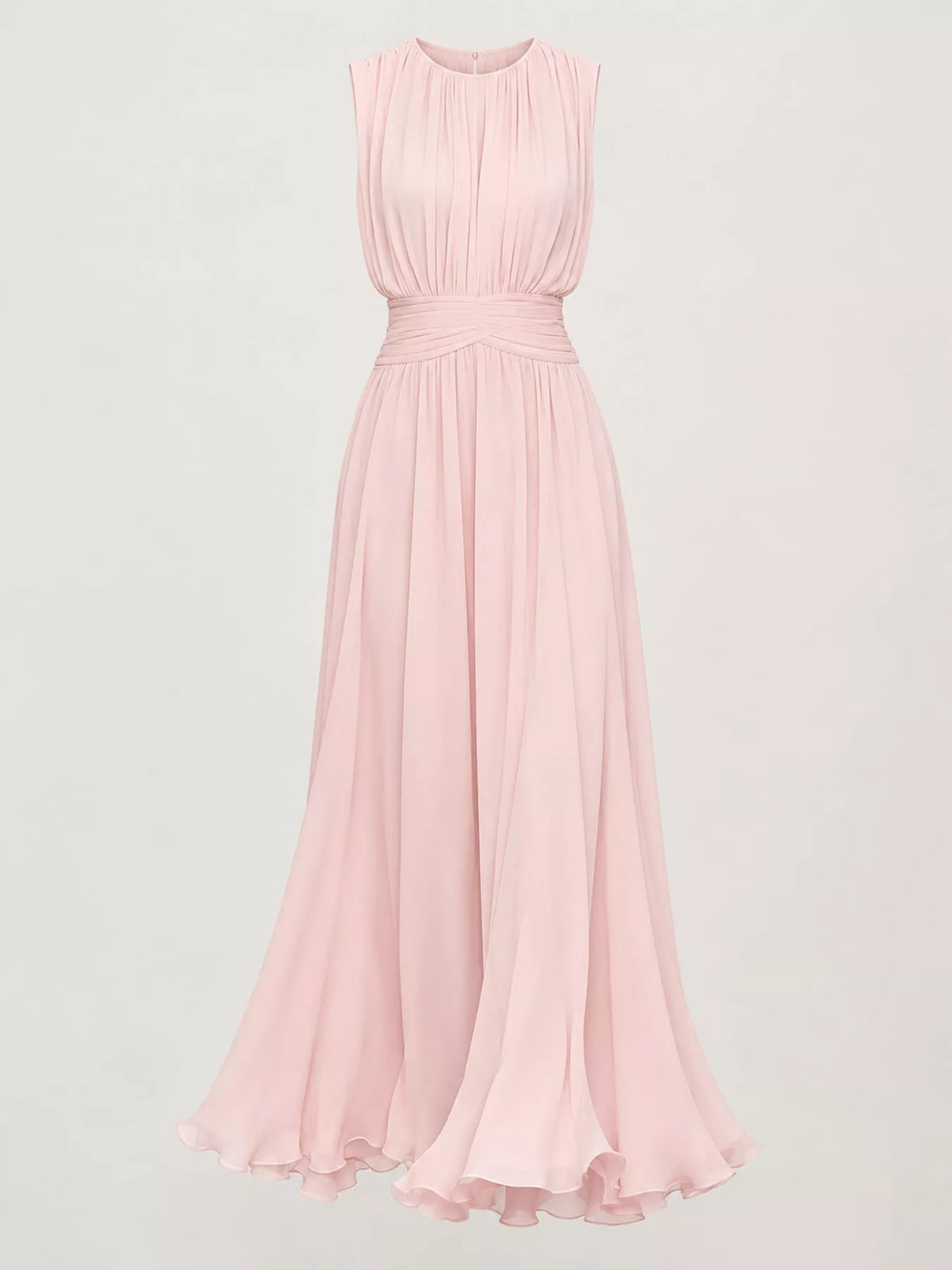 Pink sleeveless ruched chiffon maxi dress with gathered bodice and soft pleated skirt