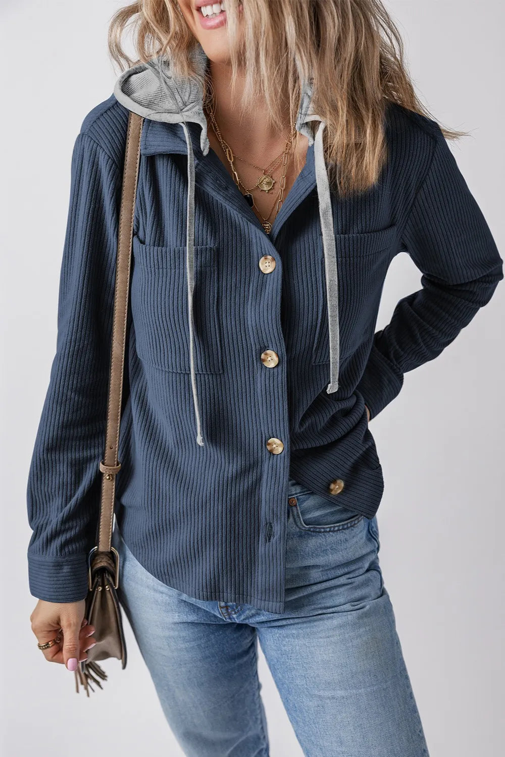 Navy ribbed button-up hooded jacket with drawstring, chest buttons, long sleeves