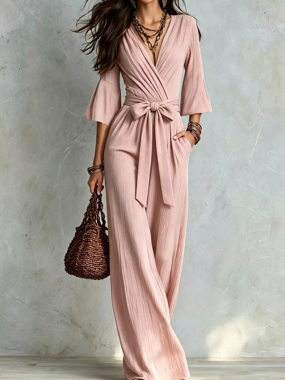 Pink pleated tie-waist wide-leg jumpsuit with V-neck and flowing wide legs