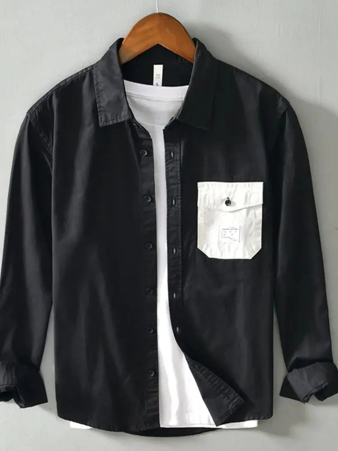 Men's plus size button-up long sleeve shirt, black with chest pocket and buttons