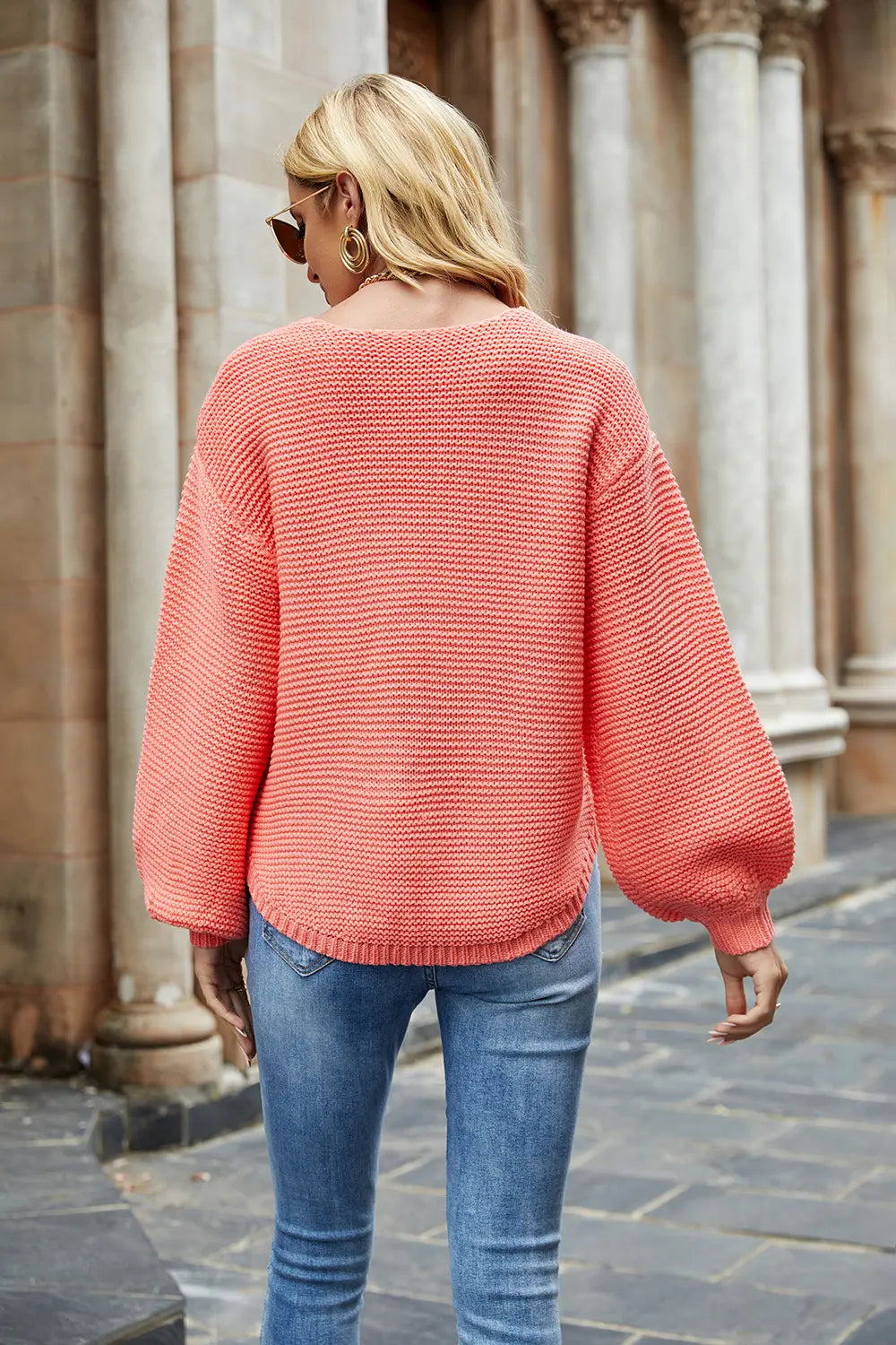 Round-neck lantern-sleeve sweater, strawberry pink, back view