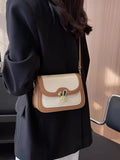 Rabbit Decor Color Block Flap Crossbody Bag, mini PU with tan trim and white panel, bunny emblem clasp