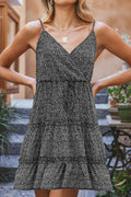 Ditsy floral spaghetti strap dress with V-neck and tiered skirt, black