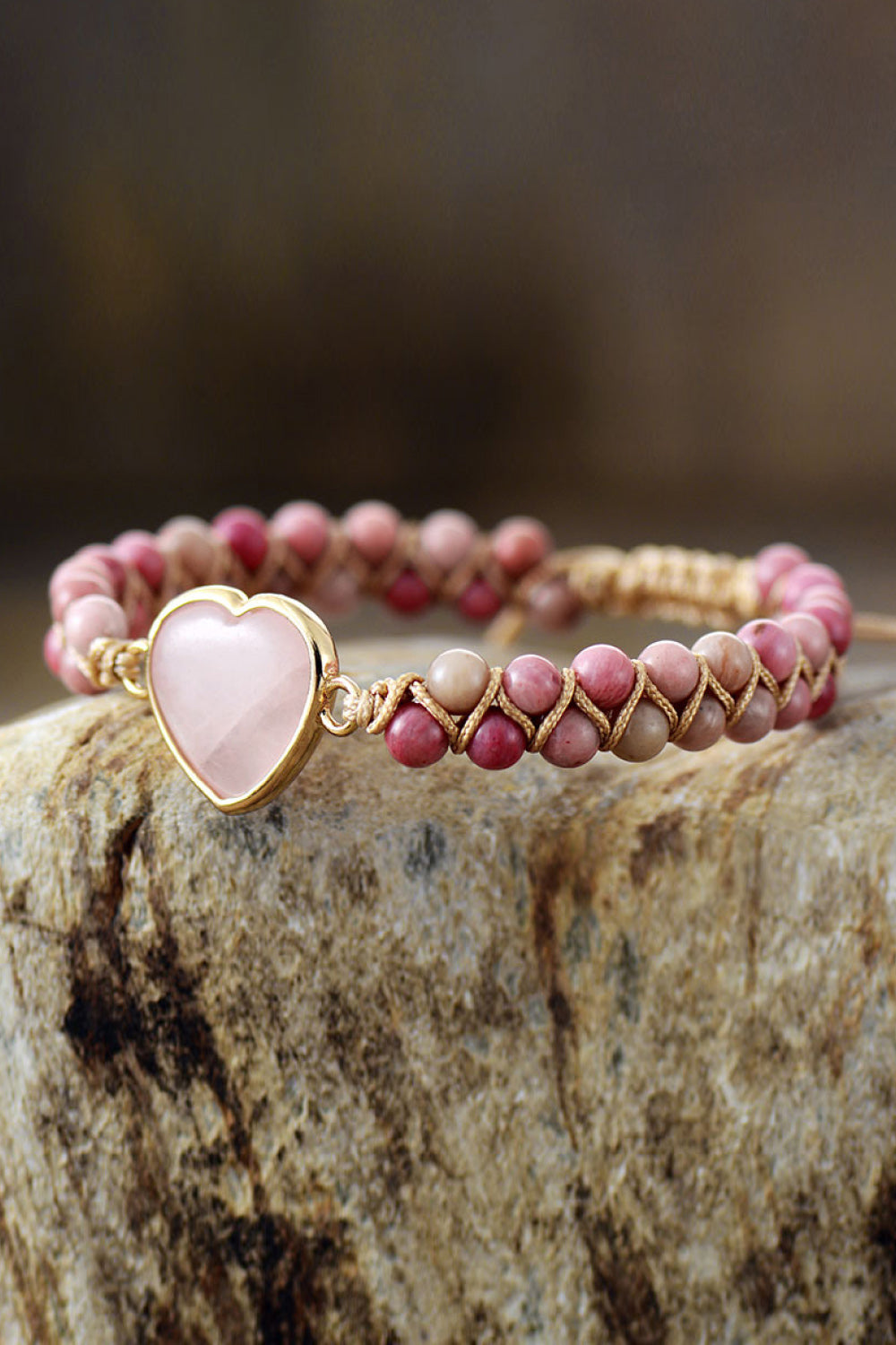 Dusty pink heart beaded bracelet with pink bead row and gold heart pendant