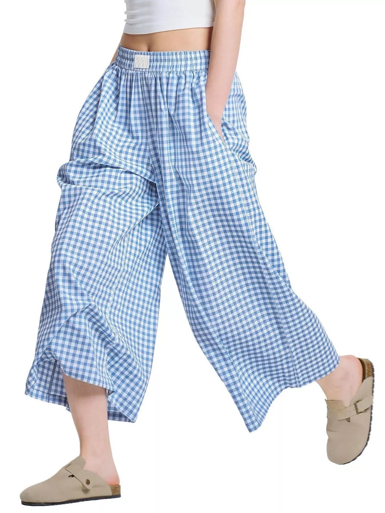 Sky blue gingham cropped wide-leg pants with elastic waist and side pockets
