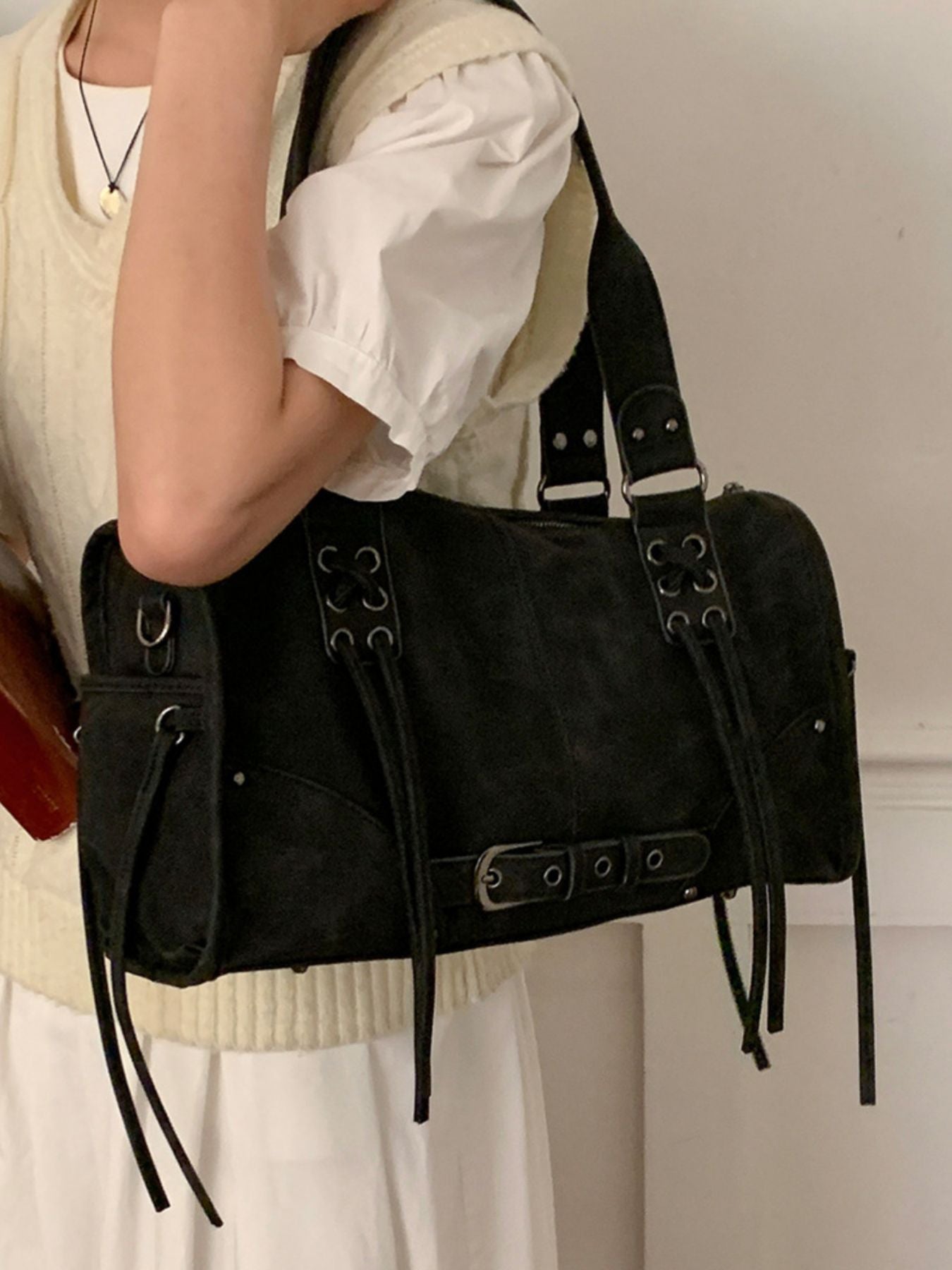 Trendsi Lace Up Shoulder Bag in black PU leather with buckle straps