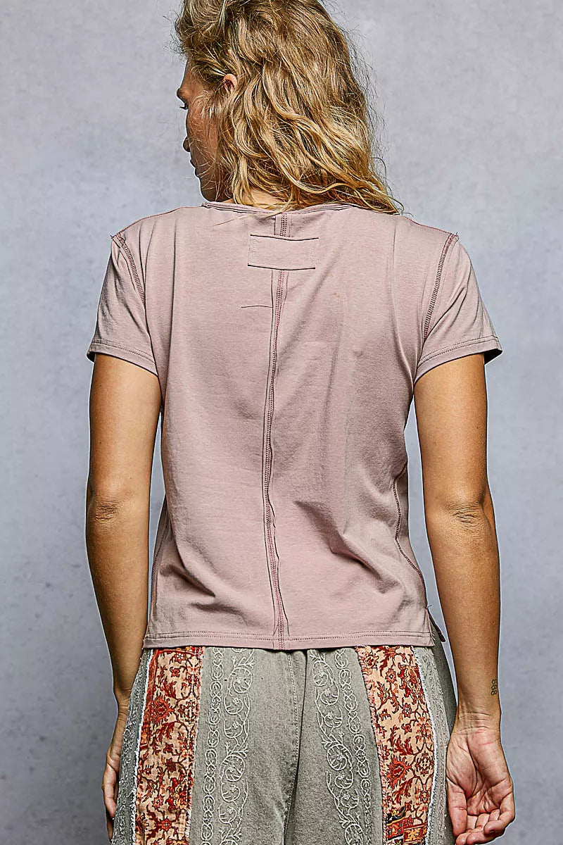 Cedar & Moore POL contrast stitching round neck short sleeve T-shirt in dusty pink