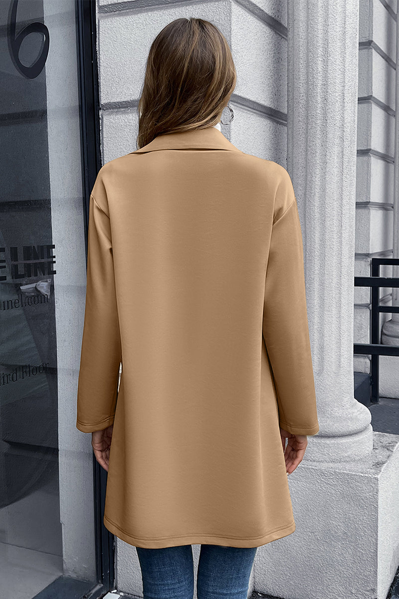 Camel long sleeve blazer from back view with straight hem and button details