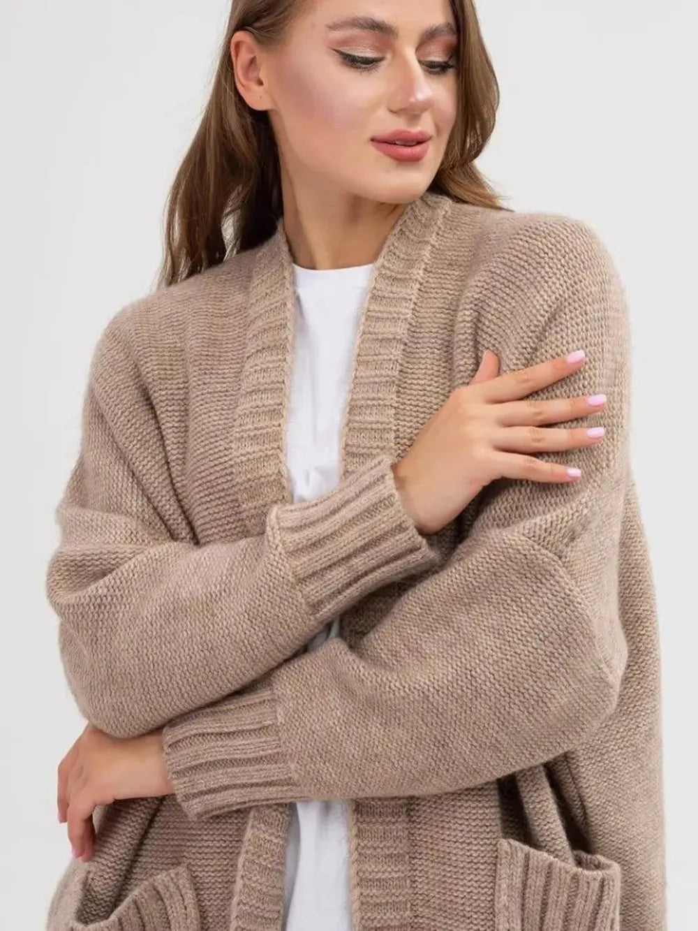 Khaki longline cardigan with ribbed V-neck and patch pocket detail