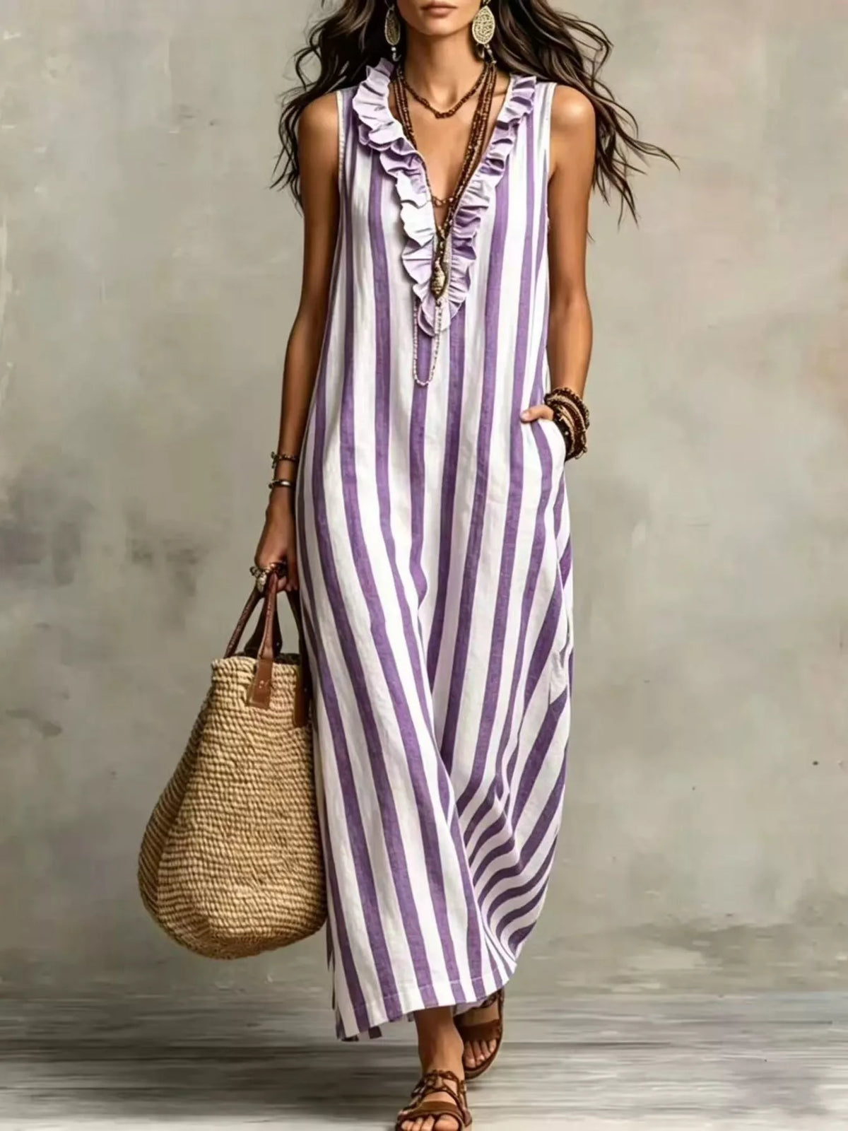 Purple striped V-neck sleeveless maxi dress with layered ruffle front