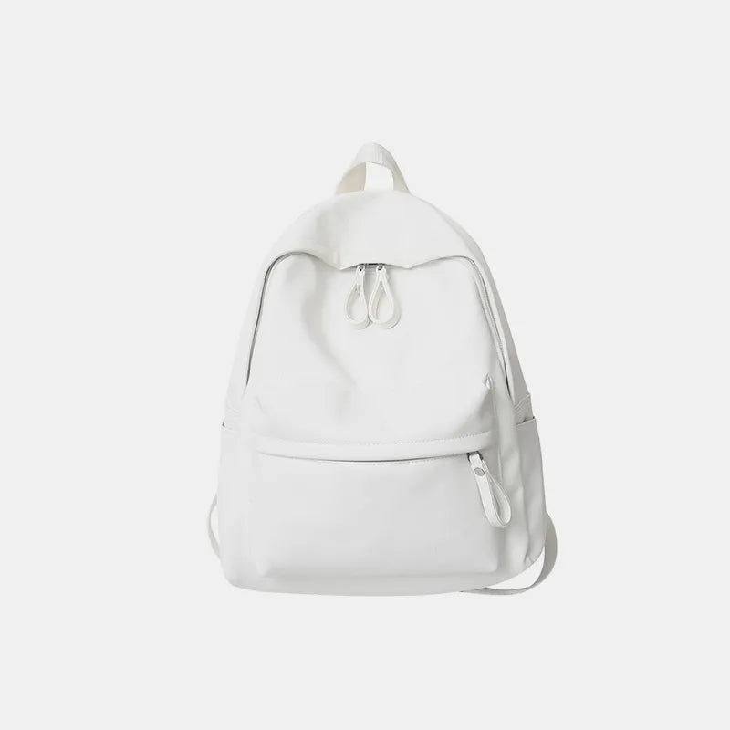 White vegan leather zip backpack with drawstring closure and front zipper pocket