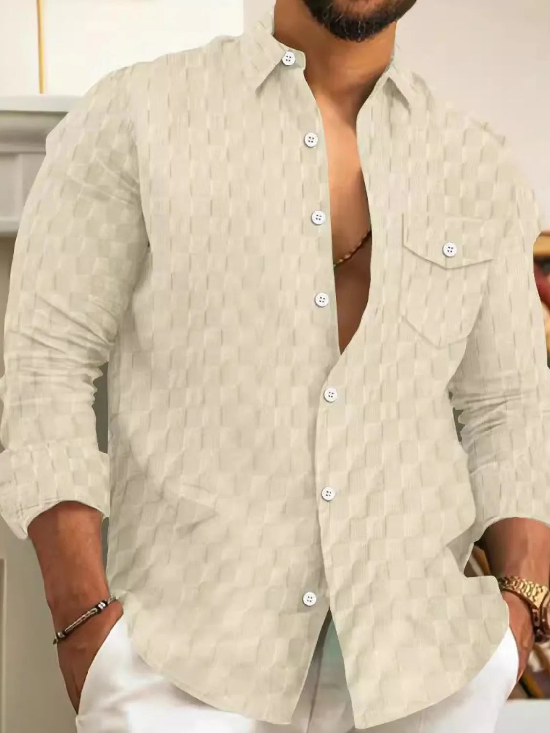 Men's button-up long-sleeve shirt, textured off-white with chest pocket and front buttons