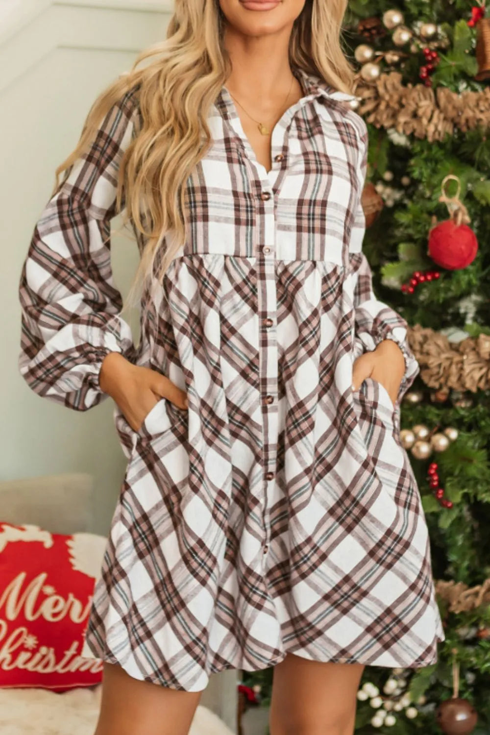 Plaid collared mini shirt dress with button front and balloon sleeves, white base