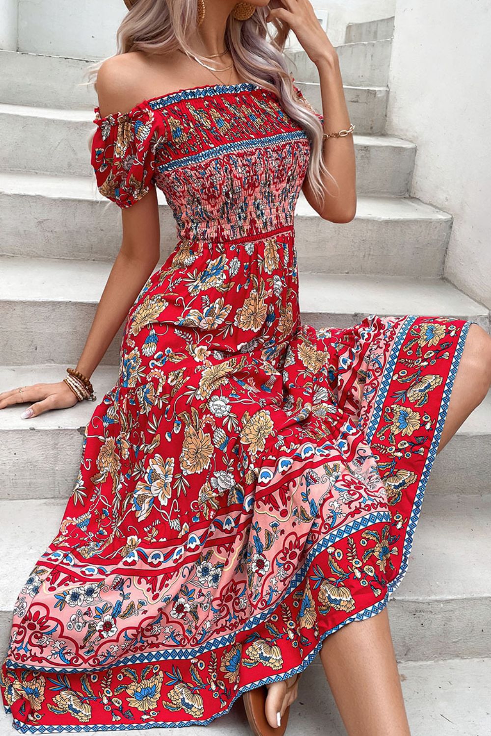 Deep red floral off-shoulder smocked midi dress with ruffled blue border panels