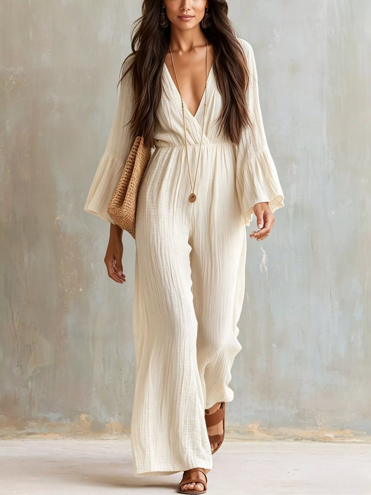 Cream textured flare-sleeve jumpsuit with deep V-neck and flowing wide legs
