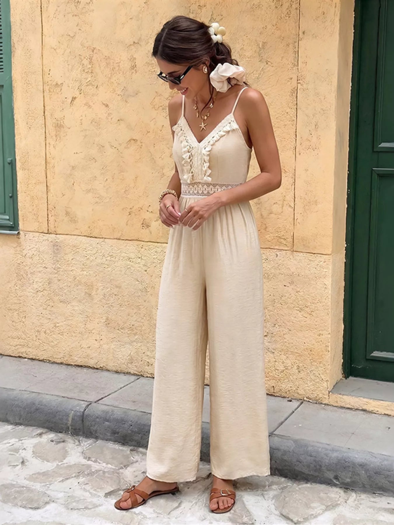 Cedar & Moore Lace Trim Spaghetti Strap Jumpsuit in cream, wide-leg, warm-weather essential