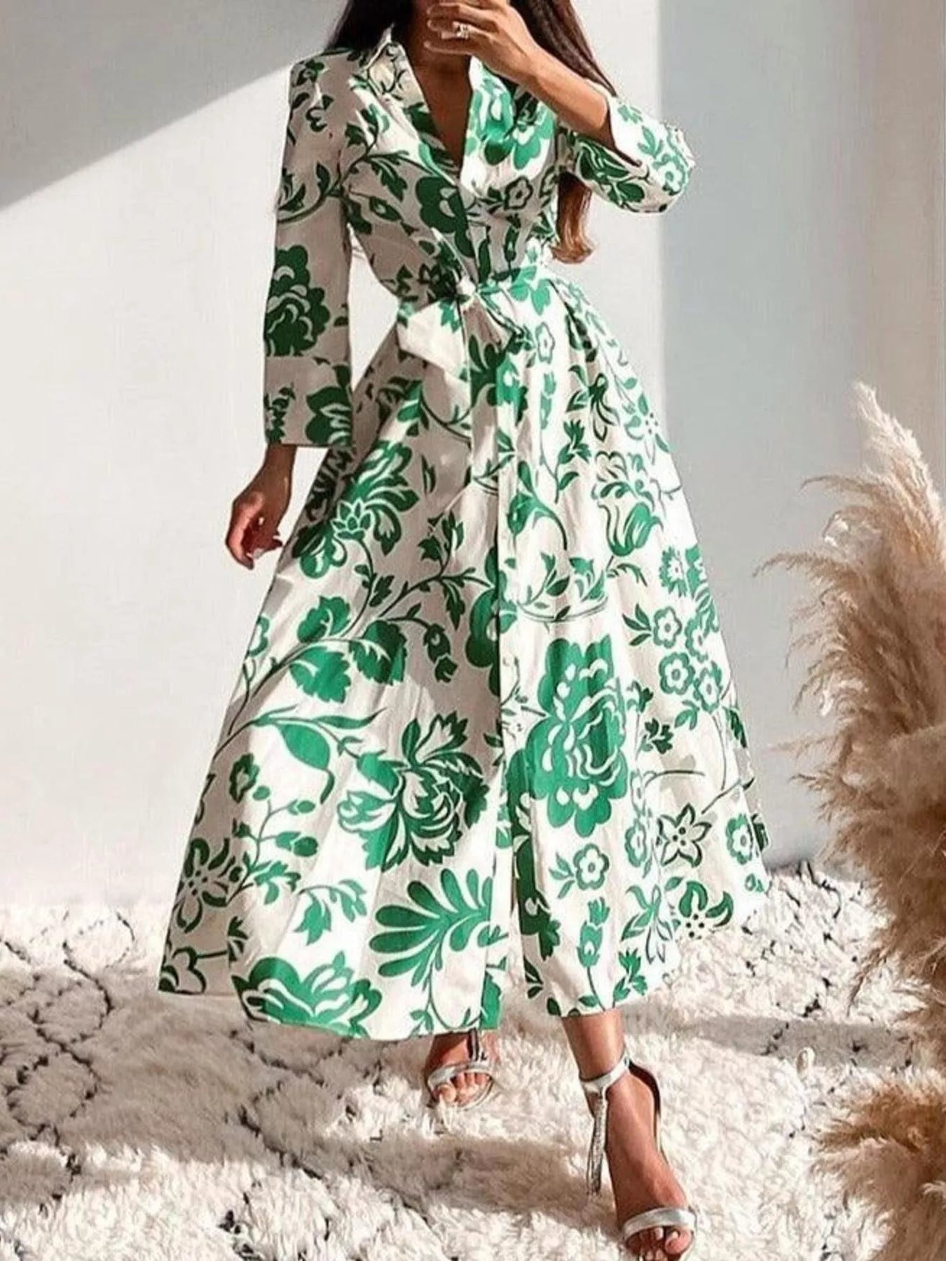 Green floral belted midi dress with V-neck and 3/4 sleeves, gathered waist