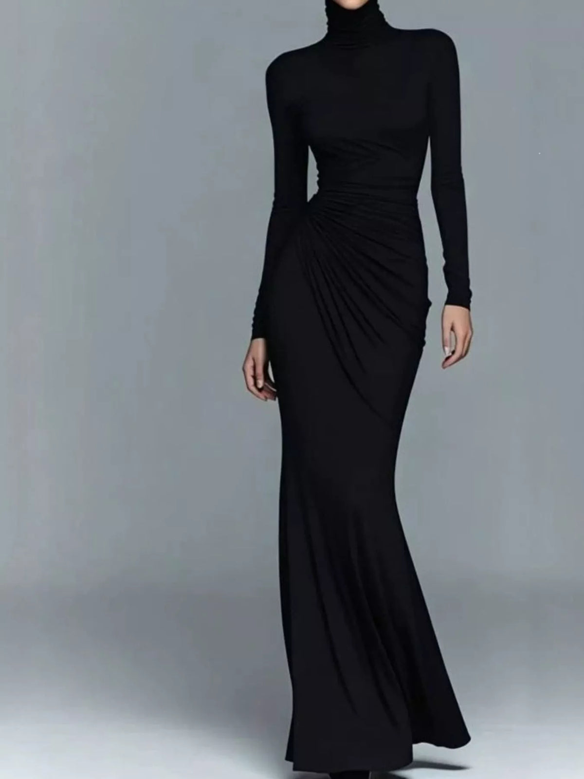 Black ruched turtleneck long-sleeve stretch maxi dress with side draped detail