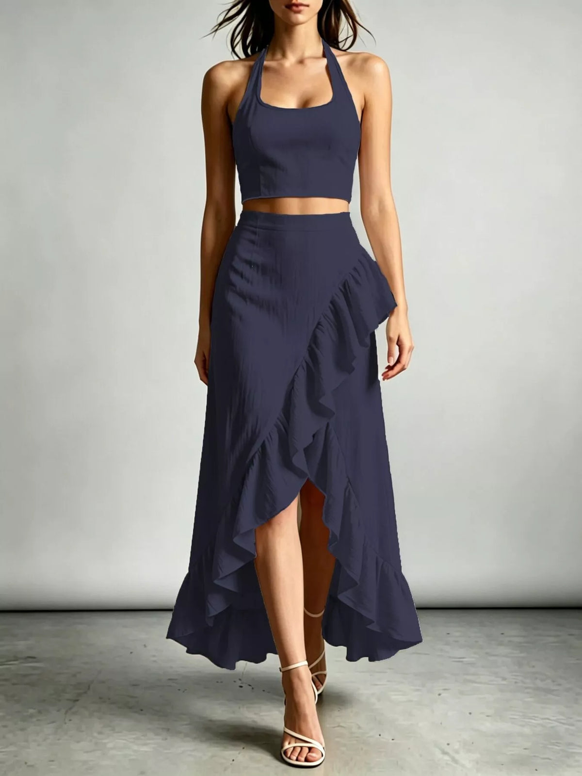 Ruffled halter crop top and high-low maxi skirt set in navy