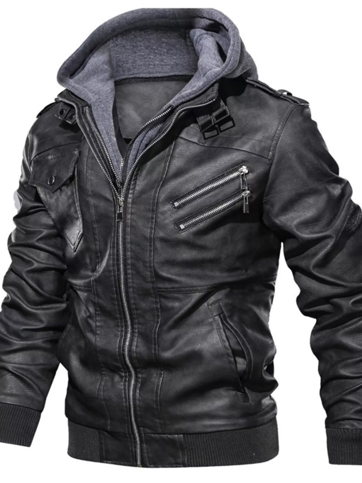 Men's hooded moto jacket in dark vegan leather, diagonal zip chest pocket and snap strap