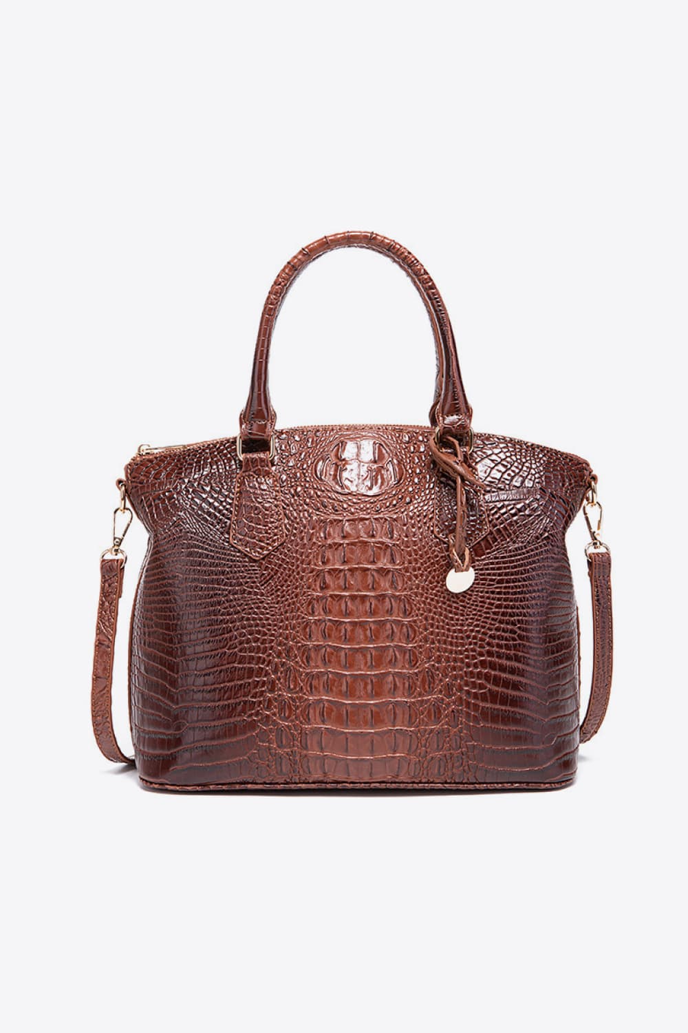 Dark brown vegan leather handbag with croc-embossed texture, top handles, and shoulder straps