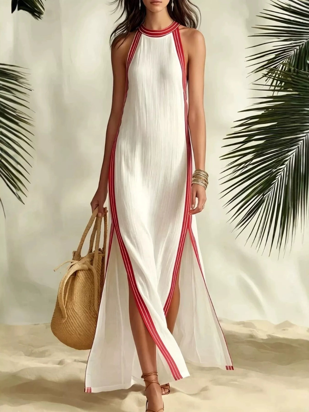 Striped sleeveless split maxi dress, white with red vertical trim stripes and side slit