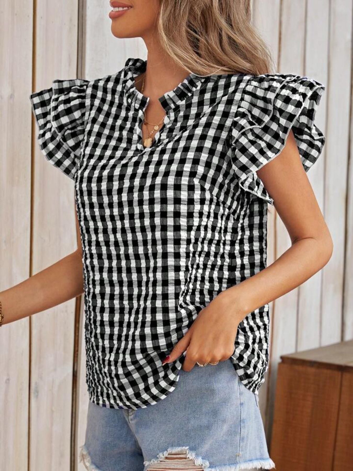 Gingham Ruffle Sleeve Blouse, black and white gingham, by Trendsi