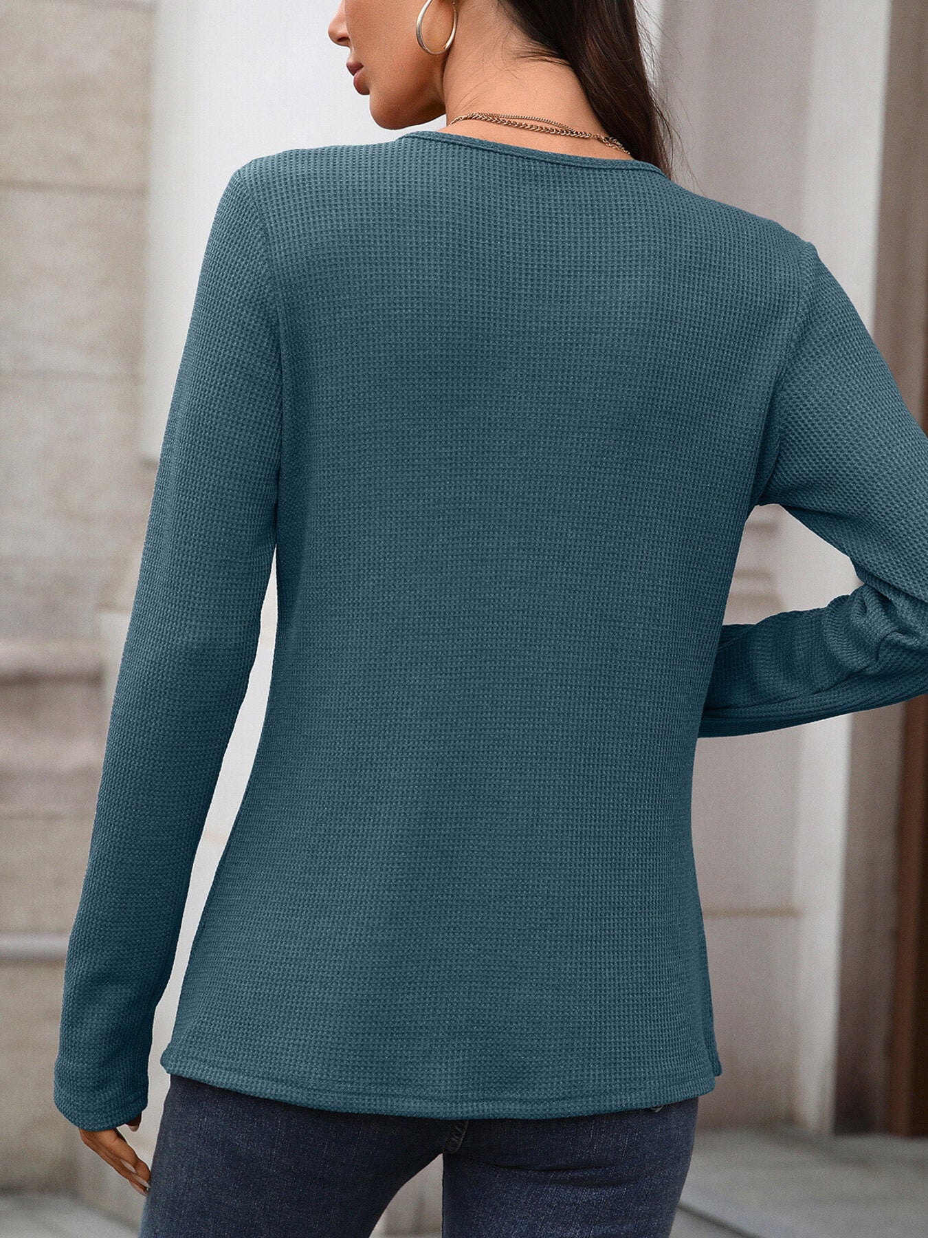 Cedar & Moore waffle knit long sleeve T-shirt in teal, back view