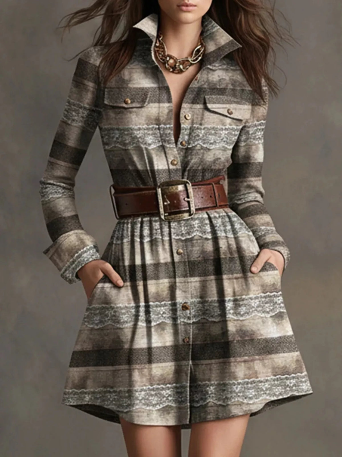 Gray plaid long-sleeve shirt dress with brown belt, button front, and pleated flared skirt