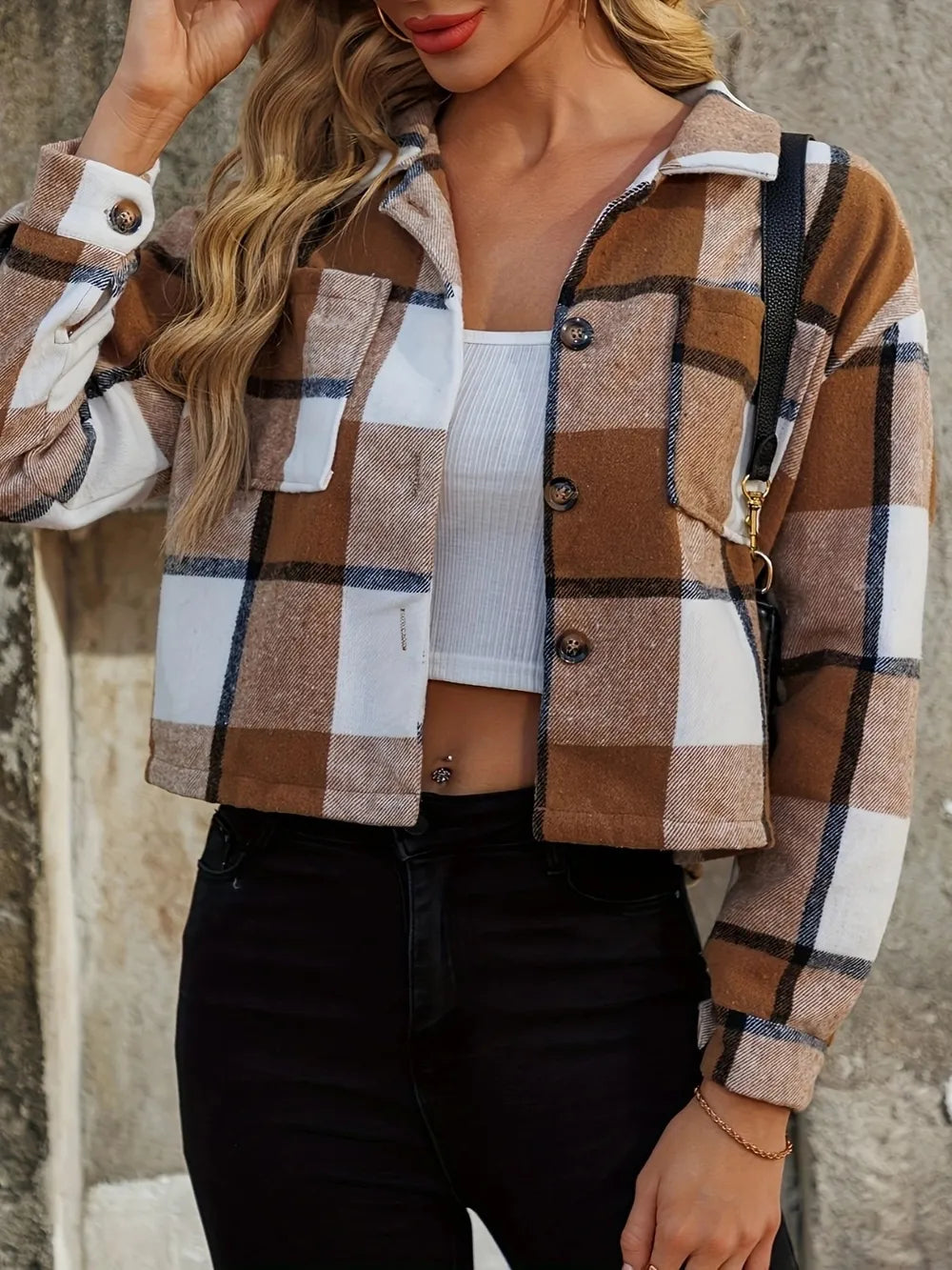 Cropped plaid jacket with stand collar, button front, and chest pockets in caramel tones